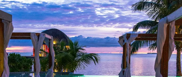 Thatched-roof structure among palms beside a pool at dusk.